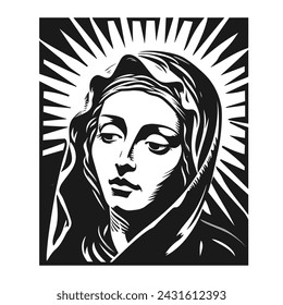 The Mary Our Lady Virgin Mary Mother of Jesus, Holy Mary, madonna, vector illustration, black and white, printable, suitable for logo, sign, tattoo, laser cutting, sticker and other print on demand