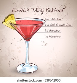 Mary Pickford cocktail, consisting of rum, maraschino liqueur, pineapple juice and grenadine, garnished with a maraschino cherry