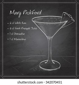 Mary Pickford cocktail, consisting of rum, maraschino liqueur, pineapple juice and grenadine, garnished with a maraschino cherry on black board