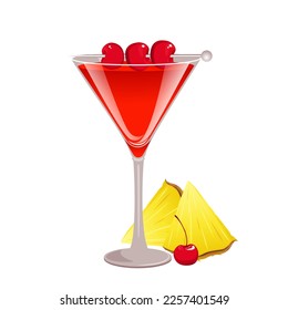 Mary Pickford cocktail in a glass garnished with maraschino cherries, pineapple.Classic alcoholic cocktail.Vector illustration.