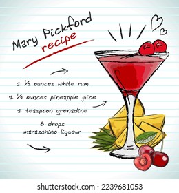 Mary Pickford cocktail, vector sketch hand drawn illustration, fresh summer alcoholic drink with recipe and fruits
