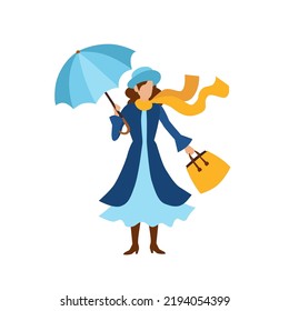 Mary Poppins. El personaje del libro, la niñera mágica vuela sobre un paraguas a sus alumnos. Clipart para un sitio web sobre libros, niñera. Ilustración plana vectorial, estilo de dibujos animados.