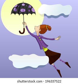Mary Poppins flies on an umbrella