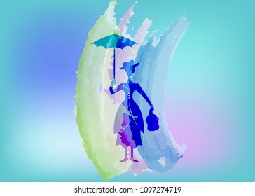 Mary Poppins style. Silhouette girl floats with umbrella in his hand, watercolour style, vector isolated or blue background