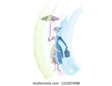 Mary Poppins style. Silhouette girl floats with umbrella in his hand, watercolour style, vector isolated