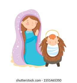 mary praying and baby jesus manger nativity, merry christmas vector illustration