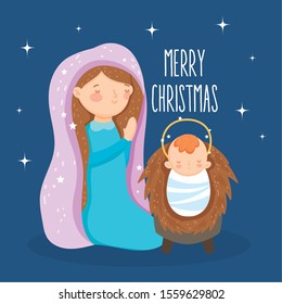 mary praying and baby jesus manger nativity, merry christmas vector illustration