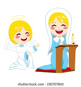 Mary praying happy and angel Gabriel bringing good news about Jesus birth