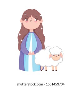 mary and sheep manger nativity, merry christmas vector illustration