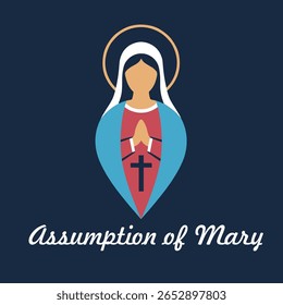 Mary text lettering handwritten and logo for the Assumption of Mary Celebration Day greeting in flat vector style. Virgin Mary icon vector. Assumption of Mary Poster, August 15