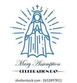 Mary text lettering handwritten and logo for the Assumption of Mary Celebration Day greeting in flat vector style. Virgin Mary icon vector. Assumption of Mary Poster, August 15