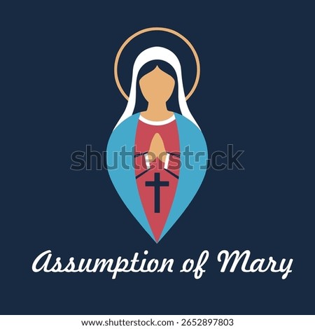 Mary text lettering handwritten and logo for the Assumption of Mary Celebration Day greeting in flat vector style. Virgin Mary icon vector. Assumption of Mary Poster, August 15