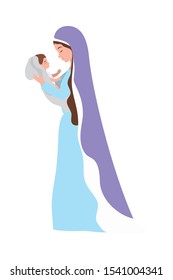 mary virgin lifting jesus baby manger characters vector illustration design