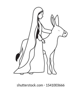mary virgin with mule manger characters vector illustration design