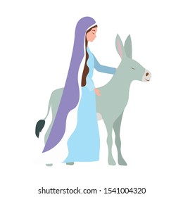 mary virgin with mule manger characters vector illustration design