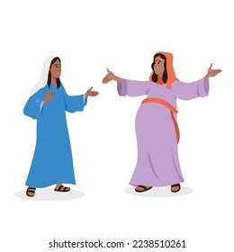 Mary Visits Elizabeth John the Baptist Leaps In Joy. Flat vector illustration isolated on white background