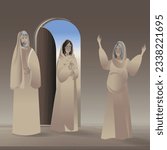 Mary visits Elizabeth. Luke 1:39-45.  Mary and Elizabeth. Elizabeth is pregnant.  Vector illustration. Bible stories. New testament. Gospel. 