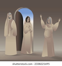 Mary visits Elizabeth. Luke 1:39-45.  Mary and Elizabeth. Elizabeth is pregnant.  Vector illustration. Bible stories. New testament. Gospel. 