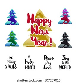 Mary Xmas and Happy New Year typography design and fir tree set. Simple different colors fir tree and calligraphy text collection.