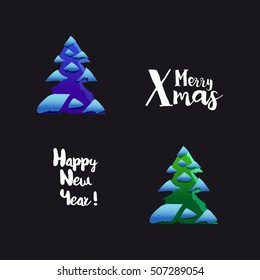 Mary Xmas and Happy New Year typography design and tree set. Simple fir tree and calligraphy text.