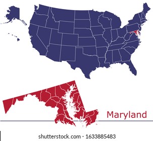 Maryland counties vector map with USA map colors national flag