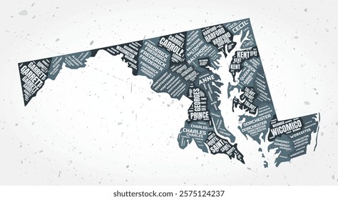 Maryland counties word clouds. State shape on textured background. Maryland design in typographic style. Creative vector illustration.