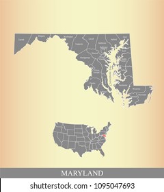 Maryland county map with names. Maryland state of USA map vector outline 