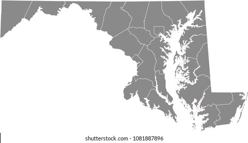 Maryland county map vector outline illustration gray background. Maryland state of USA county map. County map of Maryland state of United States of America