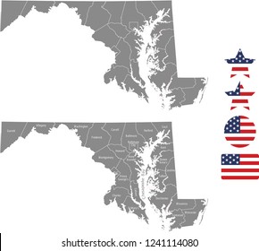 Maryland county map vector outline in gray background. Maryland state of USA map with counties names labeled and United States flag icon vector illustration designs