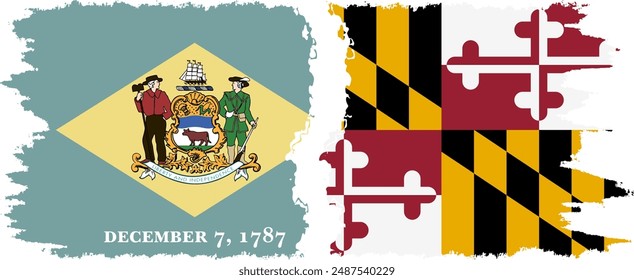 Maryland and Delaware states grunge brush flags connection, vector