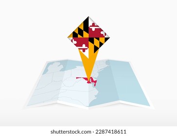 Maryland is depicted on a folded paper map and pinned location marker with flag of Maryland. Folded vector map.