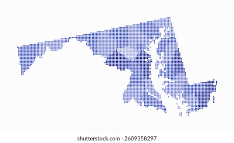 Maryland dotted map. Digital style map of the state on white background. Maryland shape with square dots. Colored dots style. Small size squares. Plain vector illustration.