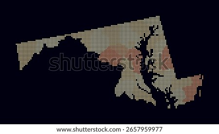 Maryland dotted map. Digital style map of the state on dark background. Maryland shape with square dots. Colored dots style. Small size squares. Amazing vector illustration.
