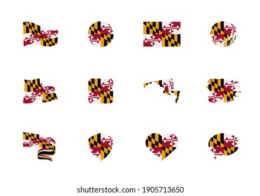 Maryland - flat collection of US states flags. Flags of twelve flat icons of various shapes. Set of vector illustrations