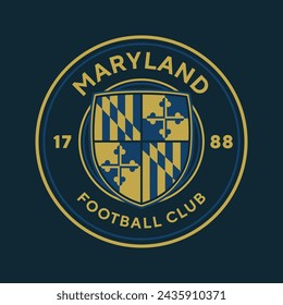 Maryland football club, USA. Soccer club emblem. Football badge shield logo, soccer ball team game club elements.