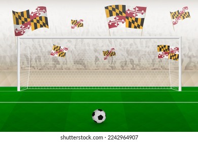 Maryland football team fans with flags of Maryland cheering on stadium, penalty kick concept in a soccer match. Sports vector illustration.