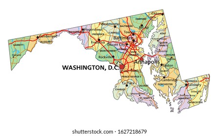 Maryland - Highly detailed editable political map with labeling.