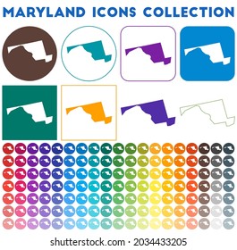 Maryland icons collection. Bright colourful trendy map icons. Modern Maryland badge with us state map. Vector illustration.