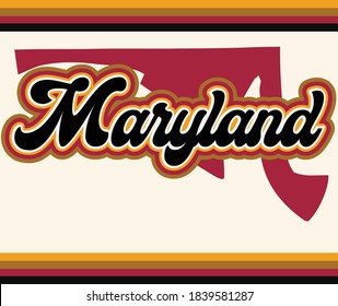 Maryland lettering text with a 70s vintage stylized aesthetic typography, in muted colors