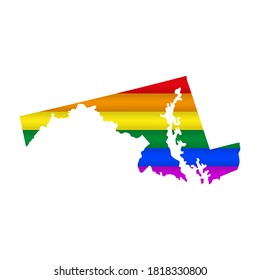 Maryland LGBT flag map. Vector illustration. Slightly wavy rainbow gay pride flag map.