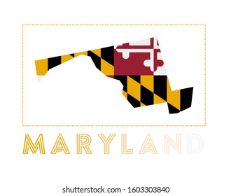 Maryland Logo. Map of Maryland with US state name and flag. Appealing vector illustration.