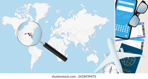 Maryland is magnified over a World Map, illustration with airplane, passport, boarding pass, compass and eyeglasses. Vector illustration.