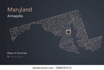 Maryland Map with a capital of Annapolis Shown in a Microchip Pattern. Silicon valley, E-government. United States vector maps. Microchip Series	
