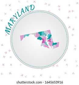 Maryland-Kartendesign. Karte des uns Zustands mit Regionen in Smaragdamethyst Farbpalette. Rundfahrt zum Maryland-Poster mit unserem Staatsnamen und dem Hintergrund der Flugzeuge. Atemberaubende Vektorillustration.