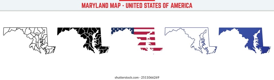 Mapa de Maryland com ícone de traçado editável. Maryland EUA Ícone de linha fina do estado, Maryland mapa ilustração vetorial, Maryland, MD mapa de vetor de silhueta azul