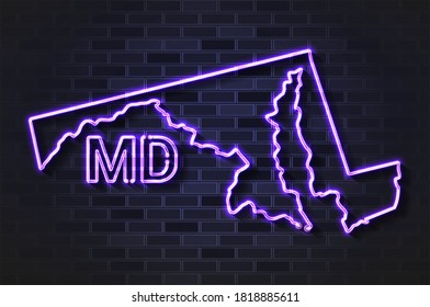 Mapa de Maryland de luz de neón brillante o tubo de vidrio. Ilustración vectorial realista. Muro de ladrillo negro, sombra suave.