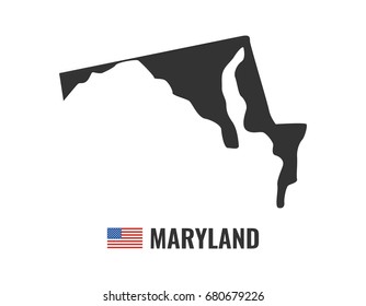 Maryland map isolated on white background silhouette. Maryland USA state. American flag. Vector illustration.