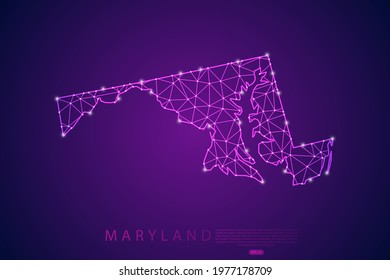 Maryland Map mash line and point scales on purple technology background. Wire Frame 3D mesh polygonal network line, design sphere, dot and structure -  Vector illustration eps 10