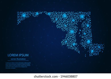 Maryland map from point blue and glowing stars on a dark background. Vector eps 10.