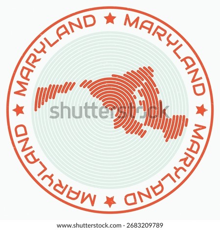 Maryland map with round title. State shape rings. Maryland text around the state boundary shape. Artistic vector illustration.